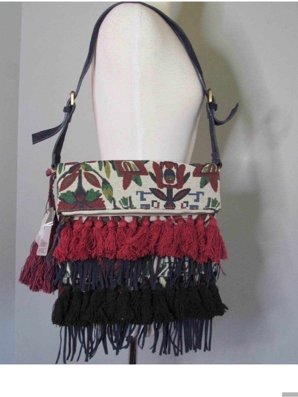 Fringed Floral Crossbody Bag in Red, Black and Navy